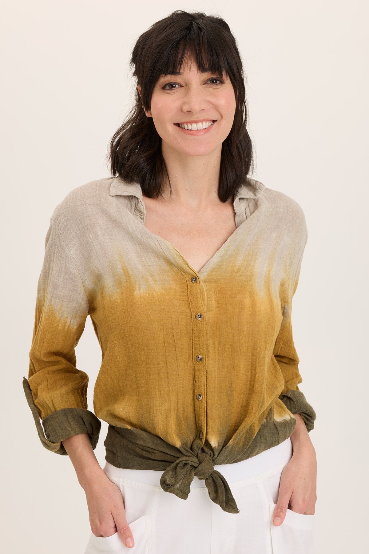 Wearables Porter Gauze Curved Hem Button-Up Top