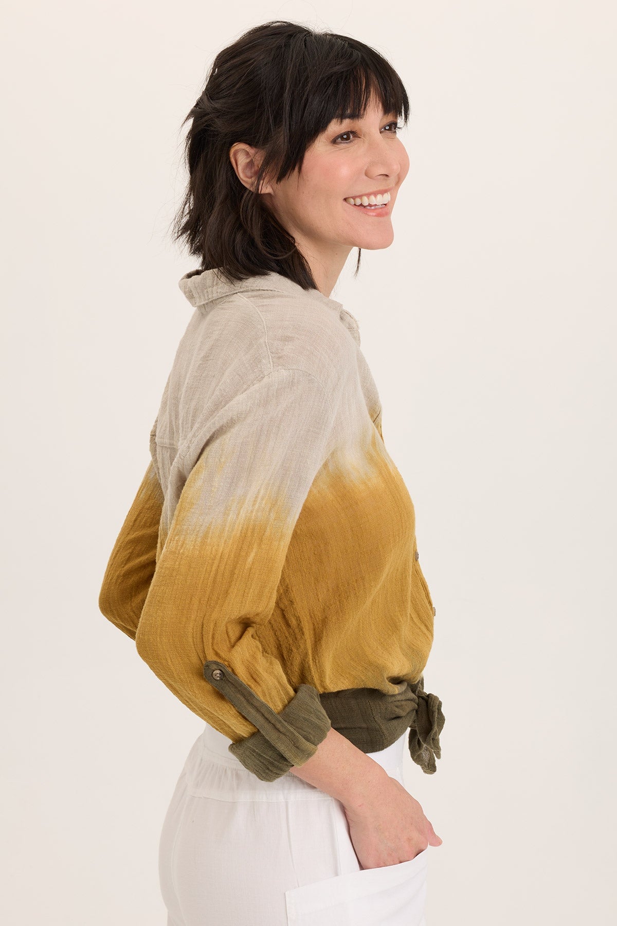 Wearables Porter Gauze Curved Hem Button-Up Top