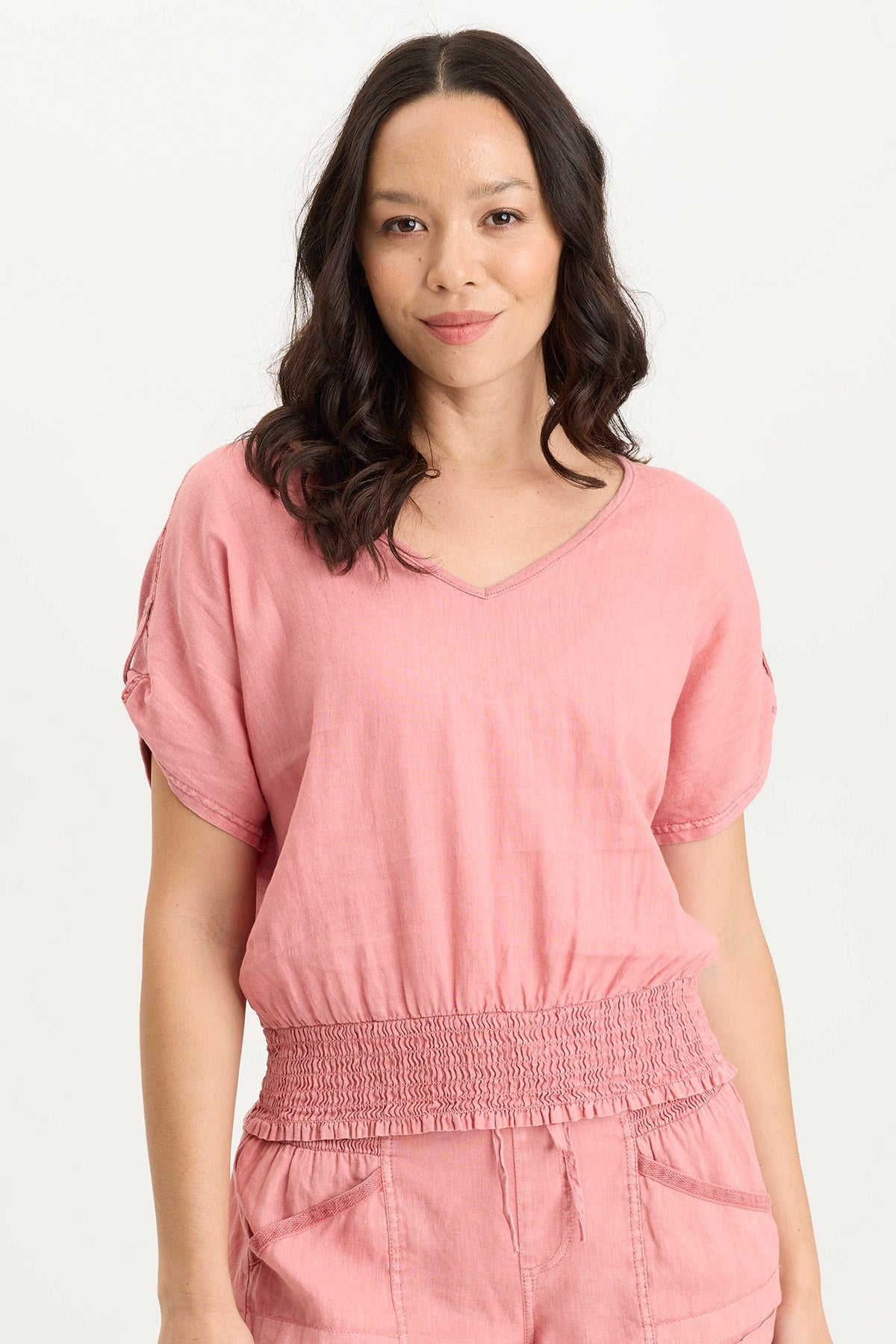 XCVI Oko Linen/Jersey Cinched Hem Top