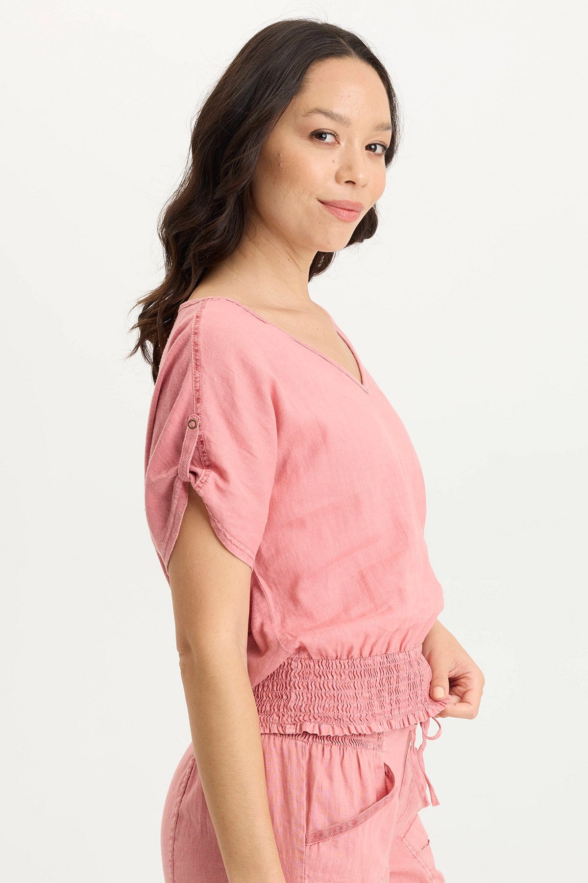 XCVI Oko Linen/Jersey Cinched Hem Top