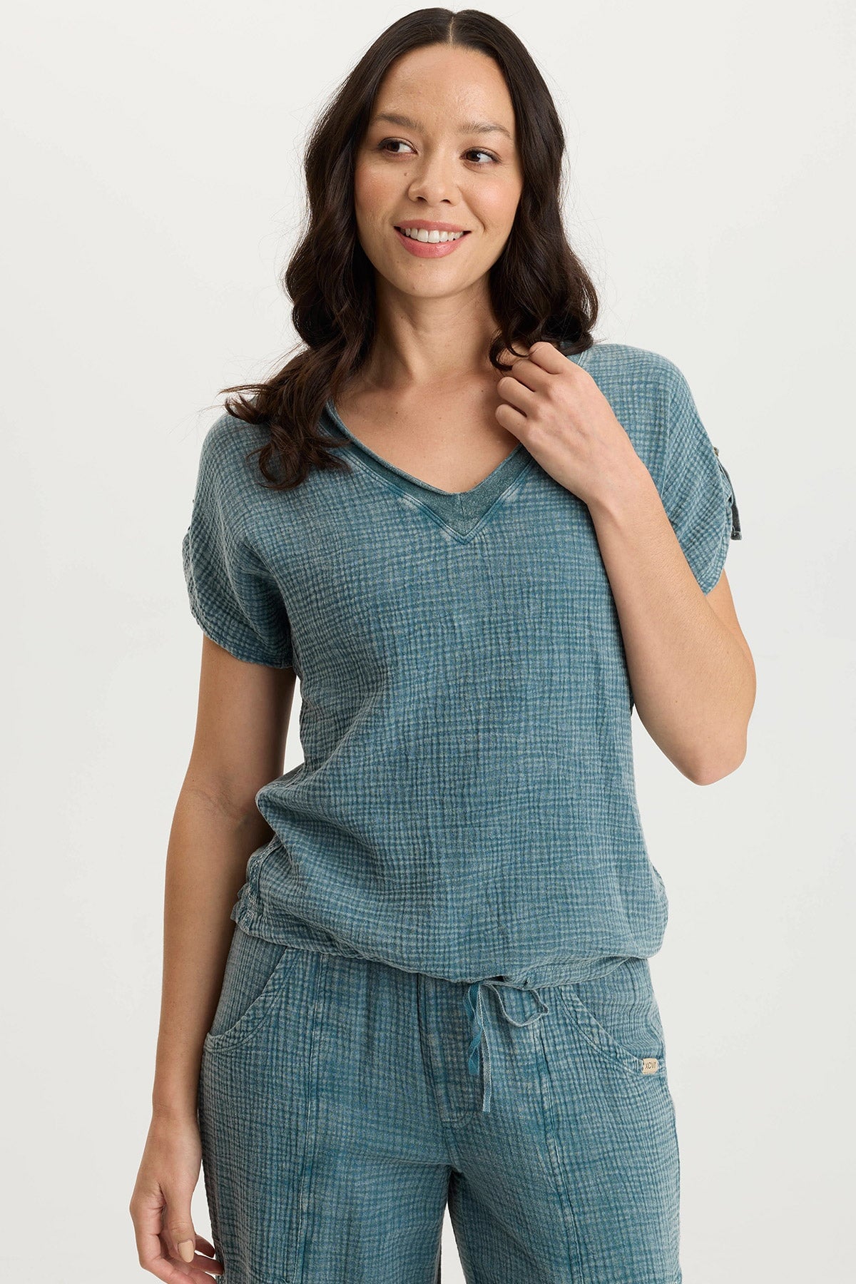 XCVI Bower Gauze/Jersey Tabbed-Sleeve Bubble-Hem V-Neck Tee 