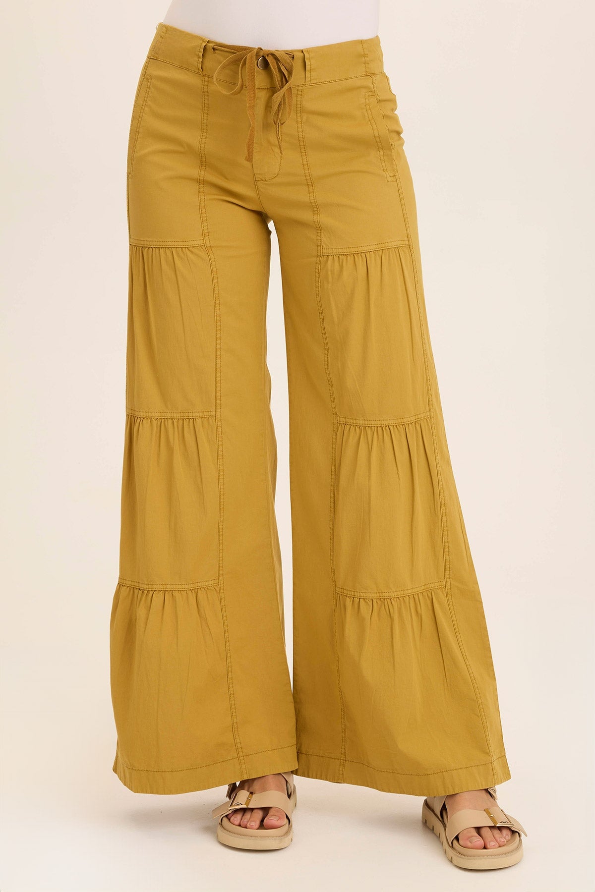 Wearables Tiered Wide Leg Drawstring Flare Ruched Pant 