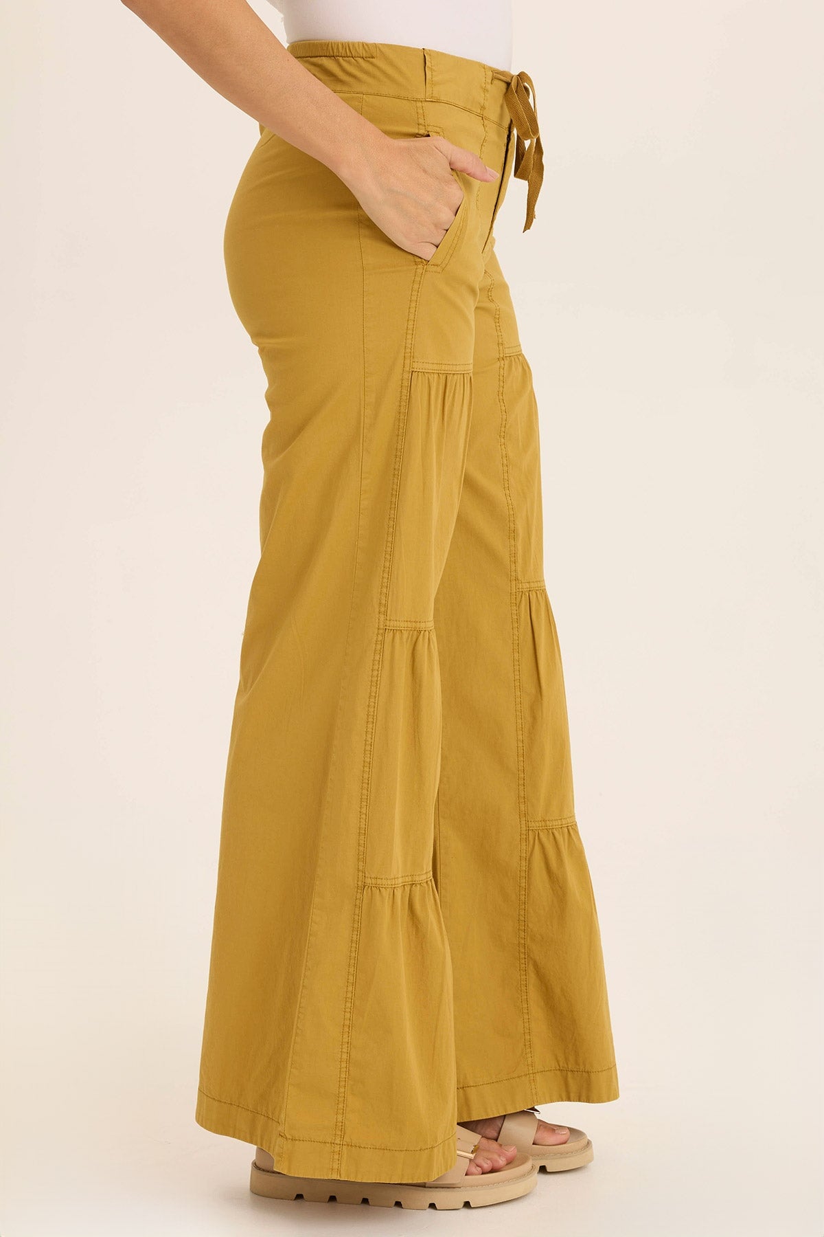 Wearables Tiered Wide Leg Drawstring Flare Ruched Pant 